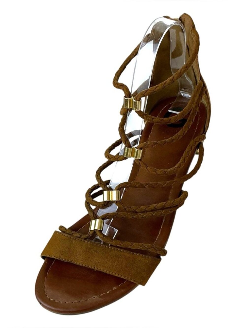 Guess Gladiator Sandals Suede Leather Strappy Gold Accents Brown 8 1/2 Medium - Picture 2 of 16